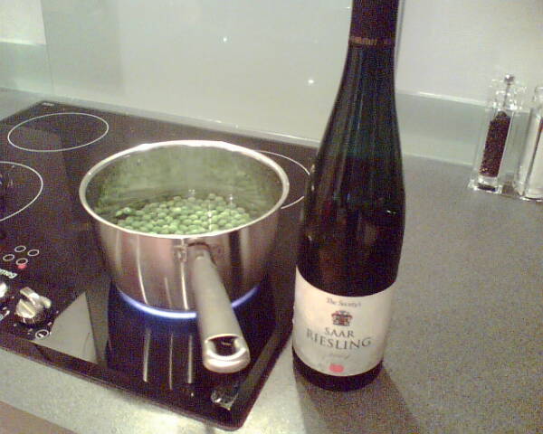 Wine Society Saar Reislingâ€¦and a pan of boiling peas for some reason